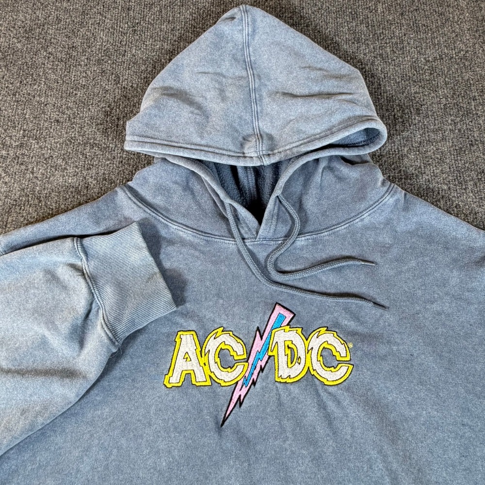 AC/DC Mens Blue Acid Wash Live 1978 Tour Graphic Hoodie Sweatshirt 2XL 3827
